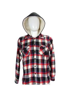 Mens L Y2K Fly Society Streetwear Sherpa Lined Hooded Flannel Shirt Jacket Plaid